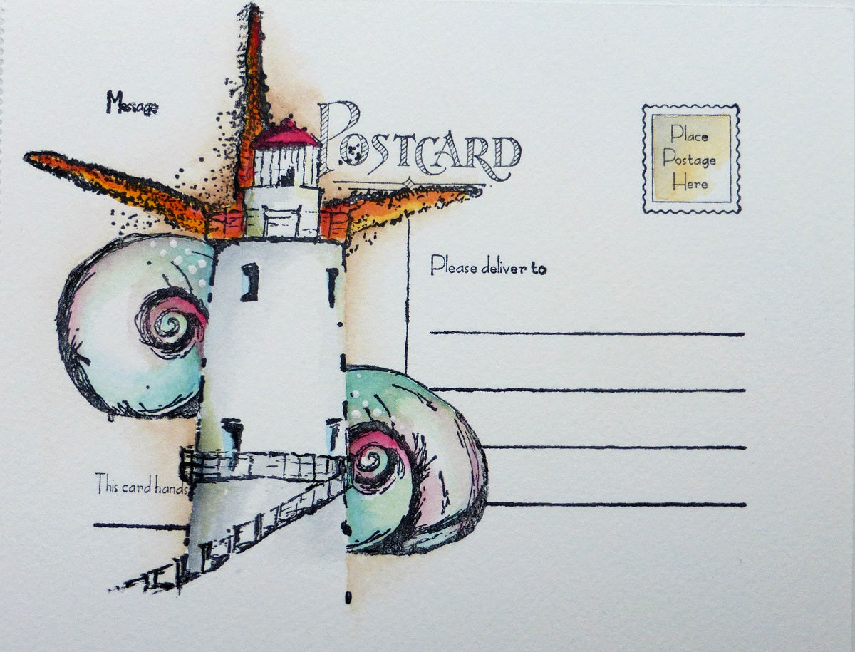 Landschaft mit Leuchtturm - maskieren und aquarellieren - Hermine Koster -1DE